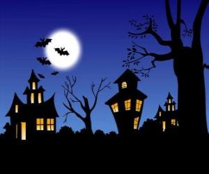 yapboz Halloween Haunted House - Dolunay, yarasalar